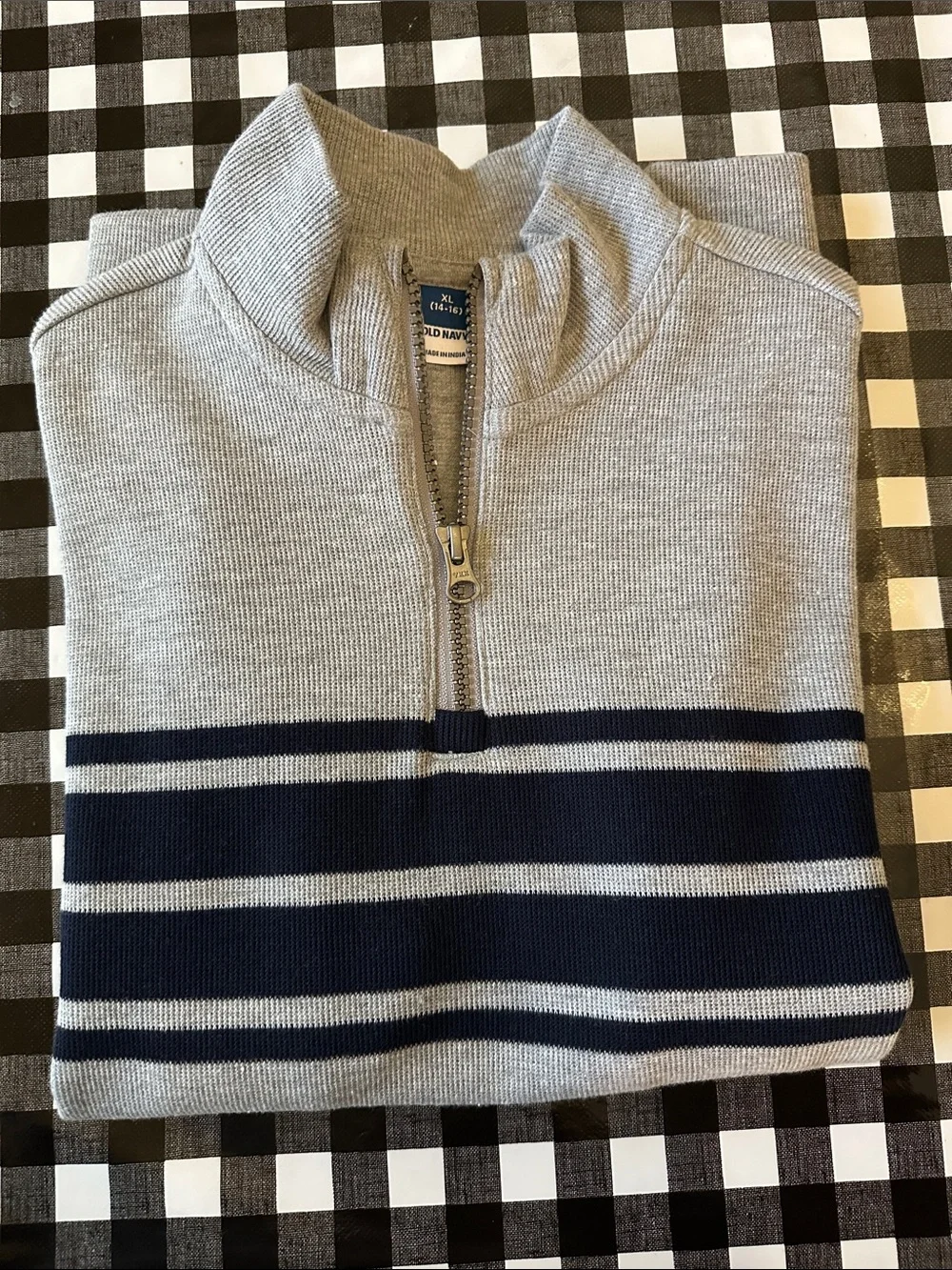 Old Navy Boy’s Gray Quarter-Zip Sweater with Navy Stripe Bands